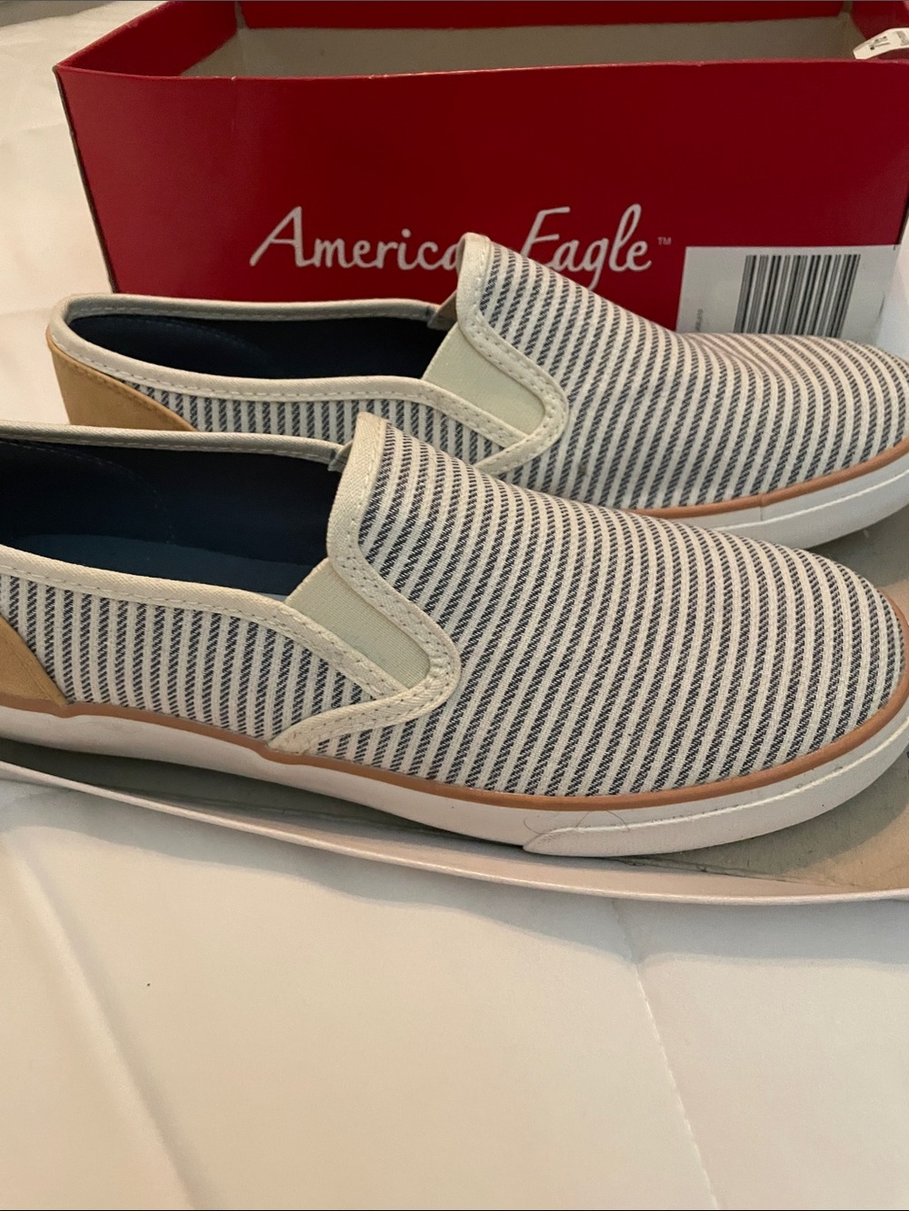 American Eagle Outfitters Navy and Cream Striped Slip-On Loafers
